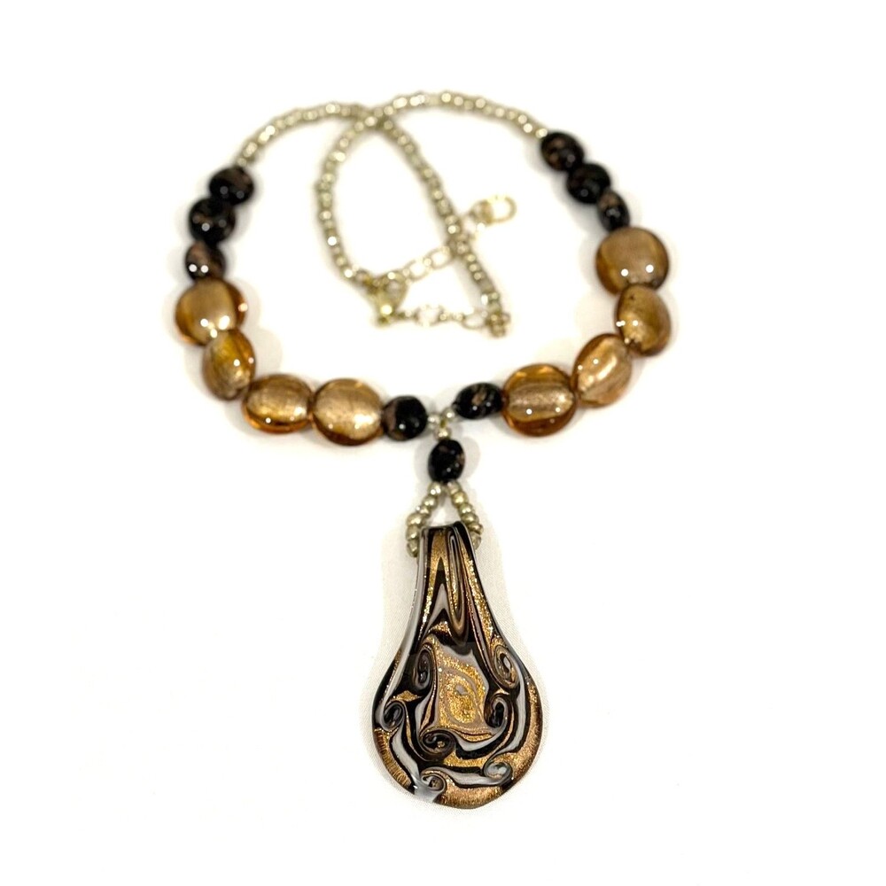 Artisan Handcrafted Black and Gold Swirl Glass Teardrop Pendant Necklace